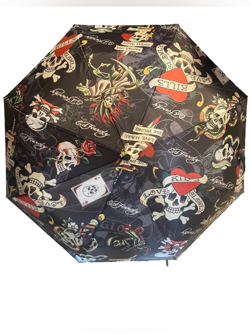 Ed Hardy Love Kills Skull Tattoo Compact Auto Open Umbrella NWT